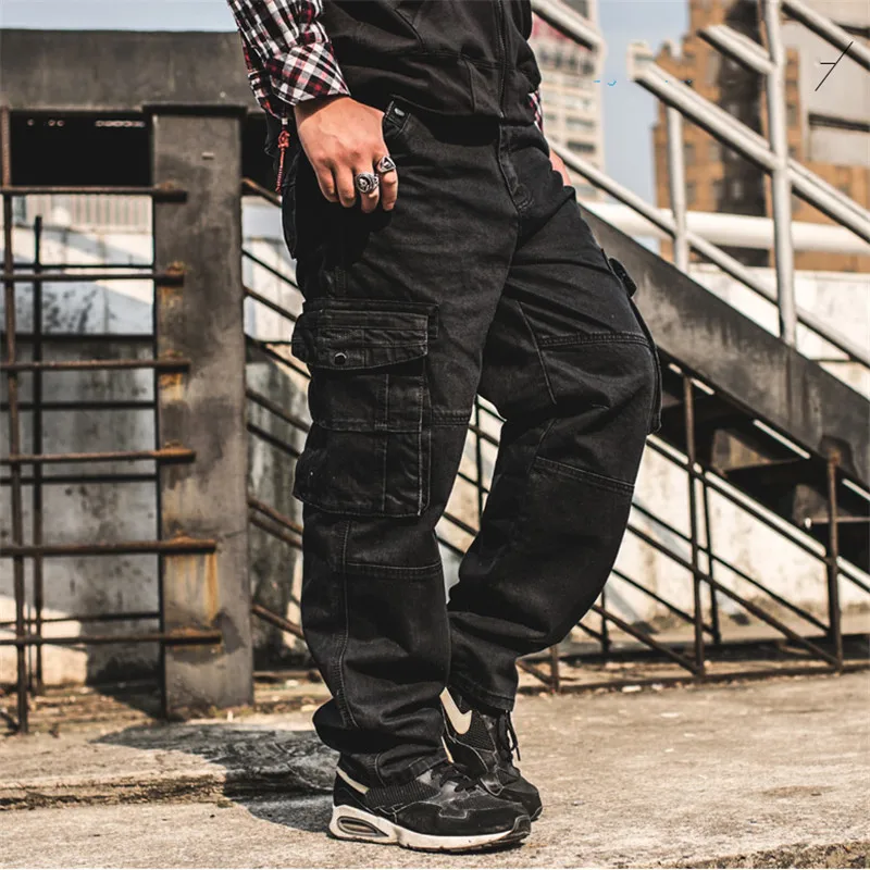 MORUANCLE Men Casual Cargo Jeans Pants With Multi Pockets Loose Fit Hip Hop Denim Trousers For Male Baggy Jeans Plus Size 30-46