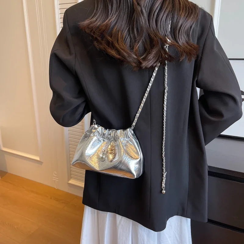 LEFTSIDE Small Silver Crossbody Bags for Women 2023 Korean Fashion Designer Female Bucket Bag Lady Chain Drawstring Handbags