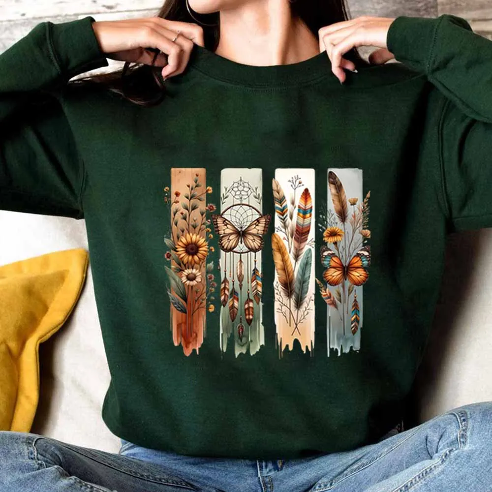 Sudadera bohemia con flores y mariposas, sudadera con capucha con atrapasueños de flores silvestres, camisa Floral de plumas bohemias, sudaderas con cuello redondo de moda occidental