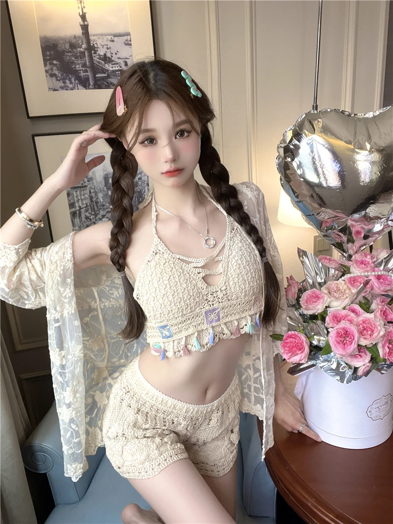 

Комплект футболок n Sle, солнцезащитный крем, верхняя одежда, женский купальник, накидка, небольшой размер, топ с ремешком, вязаный ансамбль