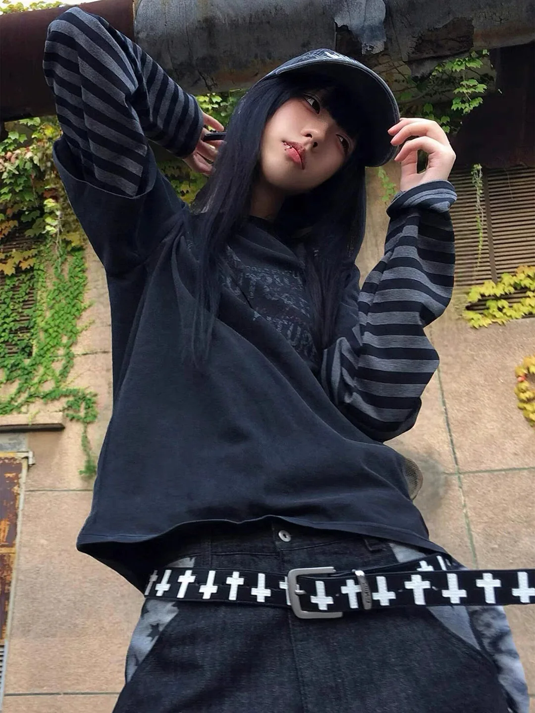 American Light Asian Style Fake Two-Piece Worn-look Striped Long Sleeve T-shirt Women Loose Versatile Design Top for Autumn