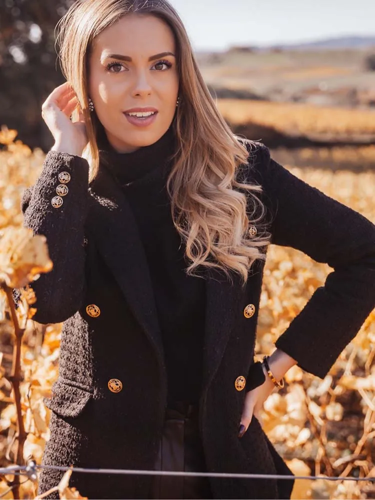 Blazer Women 2024 Traf Fashion Metal Double Breasted Woollen Blazers Coat Vintage Long Sleeve Female Outerwear Chic Tops