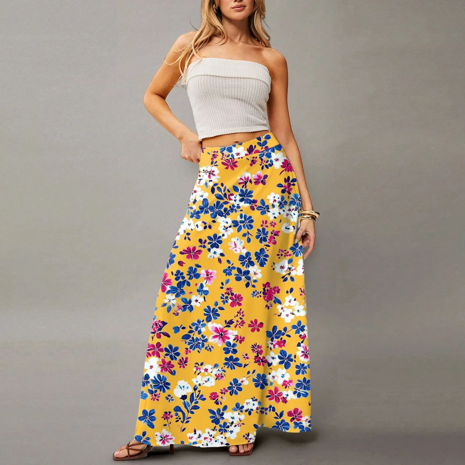 

Summer casual skirt for women high waisted stretch printed skirt with pockets loose flowing long skirts fashion beach skirt
