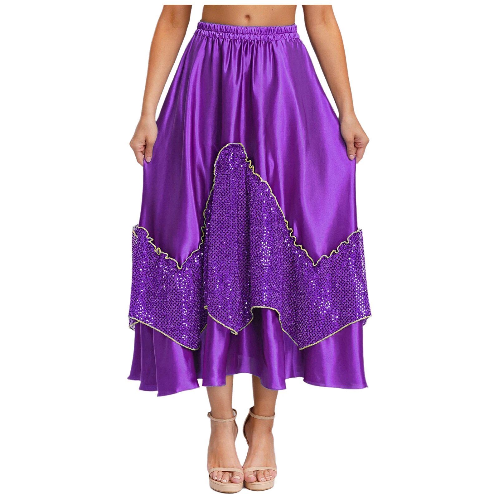 Women Flamenco Spanish Dance Skirts Ballroom Dancewear Shiny Sequin Patchwork Big Swing Skirt for Tango Lyrical Dance Costume