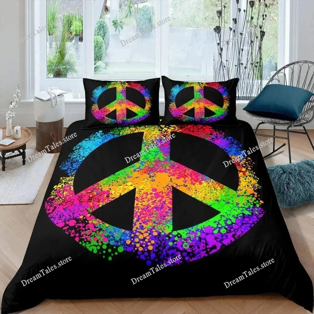 

Peace Sign Duvet Cover Set Flower Power Polyester Comforter Cover Rural Pastoral Bedding Set with Pillowcase King Queen Size