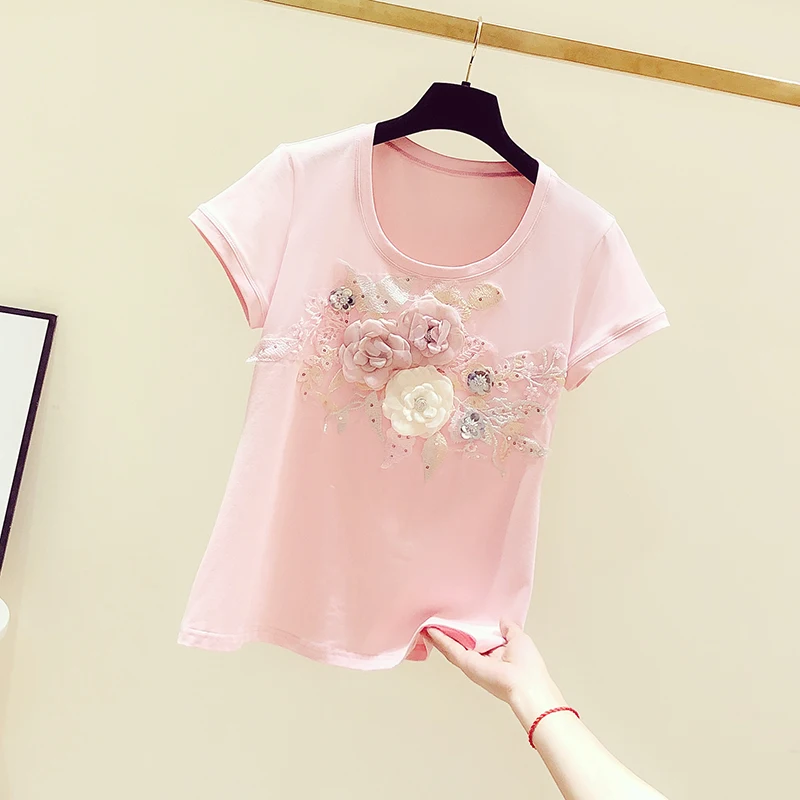 เสื้อผู้หญิง 2025 Ropa Mujerแขนสั้นO-คอ 3Dดอกไม้ฤดูร้อนTeesขนาดใหญ่เสื้อแฟชั่นสบายๆเย็บปักถักร้อยเสื้อยืดสีขาว