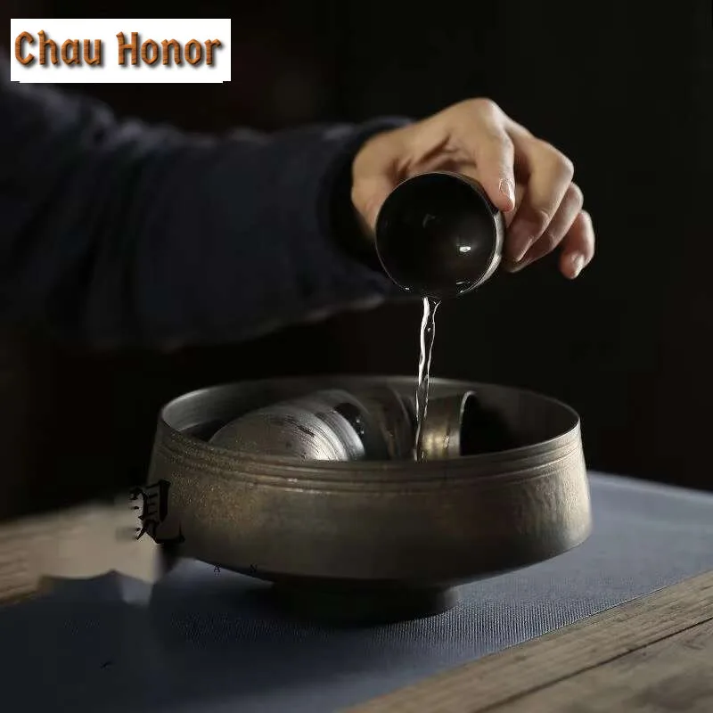 1000ml Handmade Iron Rust Glazed Jianshui Creative Tea Wash Writing-brush Washer Tea Residue Barrel Chaxi Supplies Ornaments