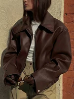 Chaqueta con cremallera de piel sintética marrón chocolate Abrigo bombardero corto suelto con solapa para mujer