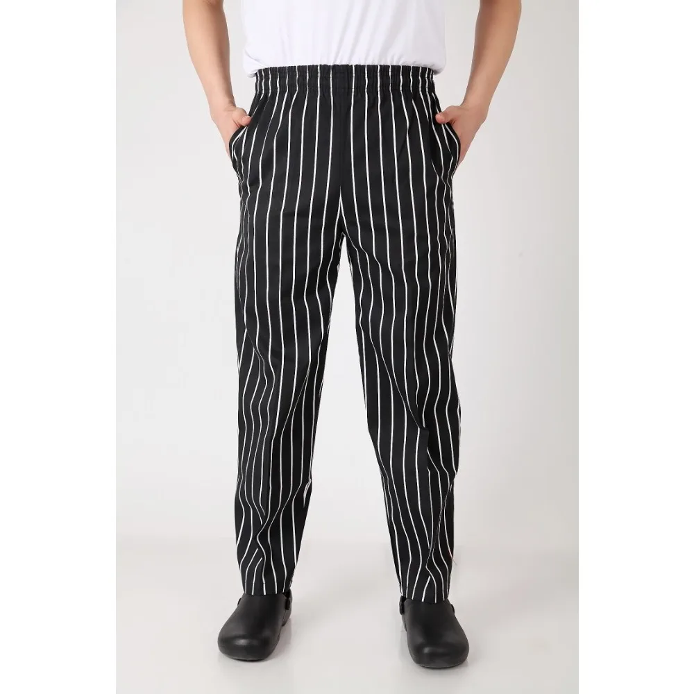 Pantalon de chef avec taille élastique – Pantalon de travail de cuisine à rayures noires et blanches pour hommes et femmes, uniforme de restaurant respirant pour cuisiniers