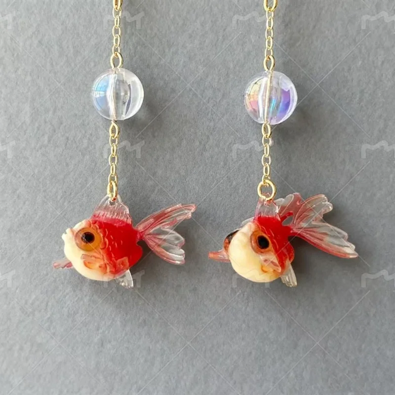 Goldfish and Bubble Dangle Earrings - Red goldfish earrings - Unique Dangle