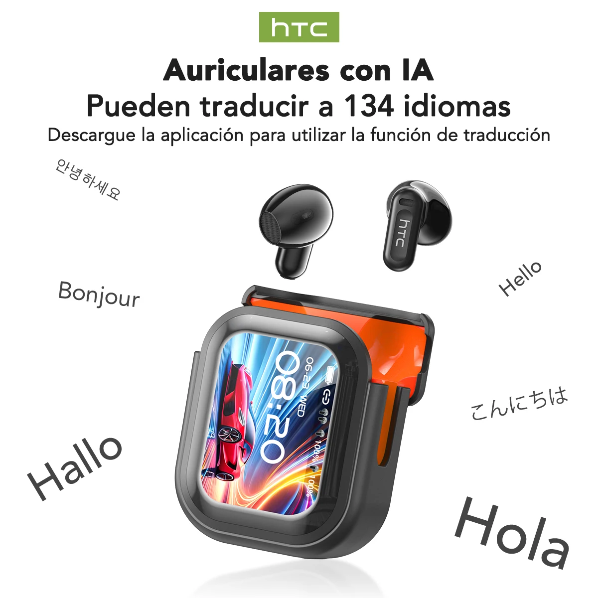 HTC NE20 AI Translator Earbuds Portable Lanyard Long Battery Wireless Headphone Smart Touch LED Screen Bluetooth Earphones