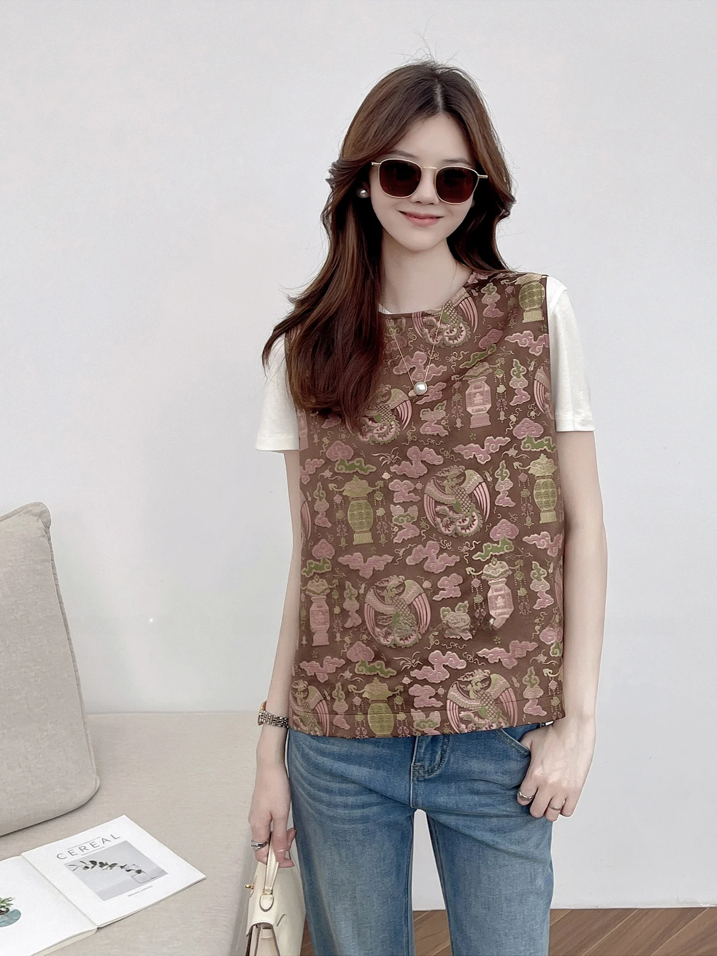 

Корейский модный шелковый жилет с вышивкой в стиле Сонг-Джин, с узором «Журавли и облака», женский, летний, новый, без пуговиц, с круглым вырезом, с цветочным принтом