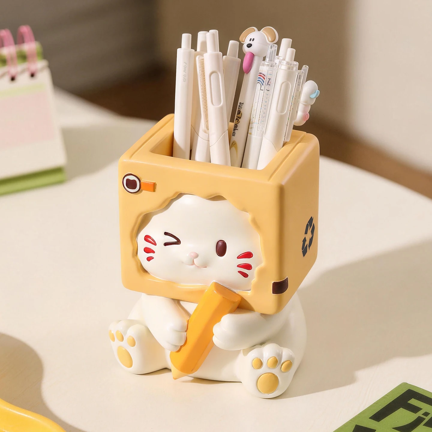 Cute Cartoon Cat Pen Holder Creative Desktop Stationery Organizer Table Storage Box Home Office Desk Decor Ornament Gift