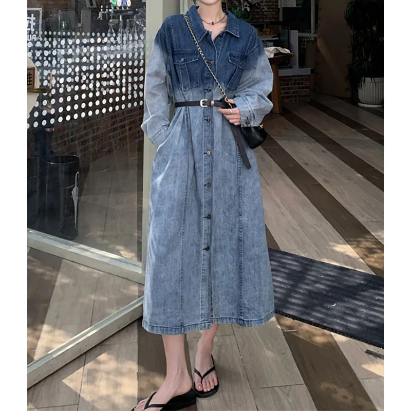 

PBAP Vintage Wash Gradient Denim Jacket Women Long Sleeves Lapel Spliced Pockets Single-breasted Oversize Coat Y2k Streetwear