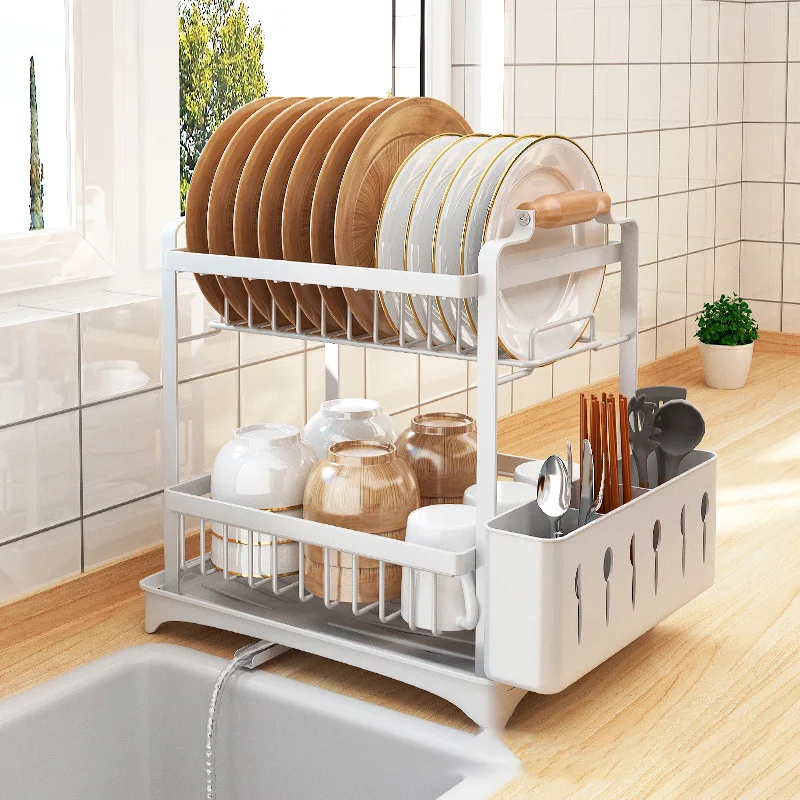 

Kitchen Storage Rack Dish Bowl Drainer 2 Tier Stainless Steel Plate Bowl Chopsticks Knife Fork Storage Kitchen Organizer Tools