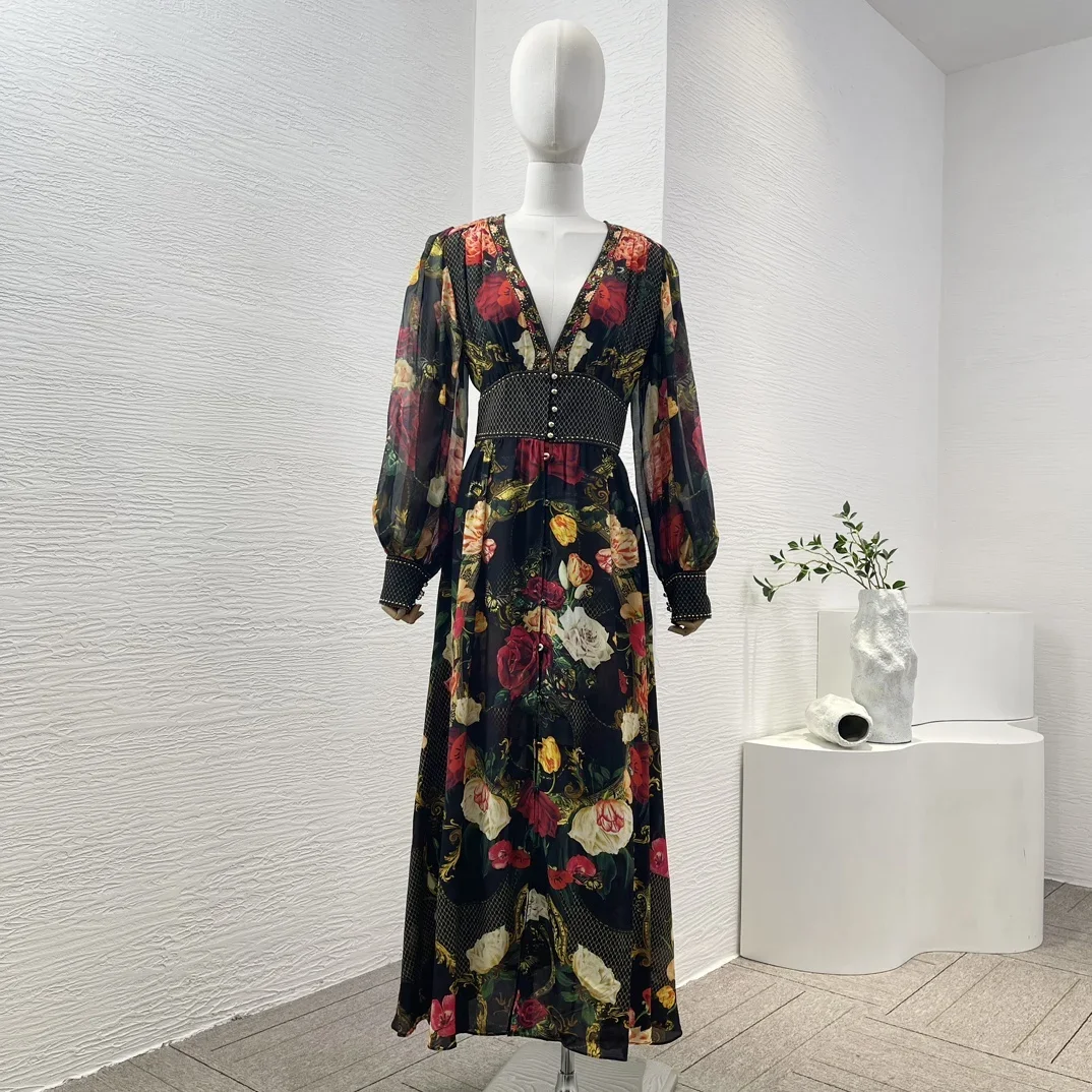 

Black Summer Holiday 2024 New High Quality Pure Silk Flower Print Full Sleeve Deep V-neck Diamonds Shirred Women Midi Dress