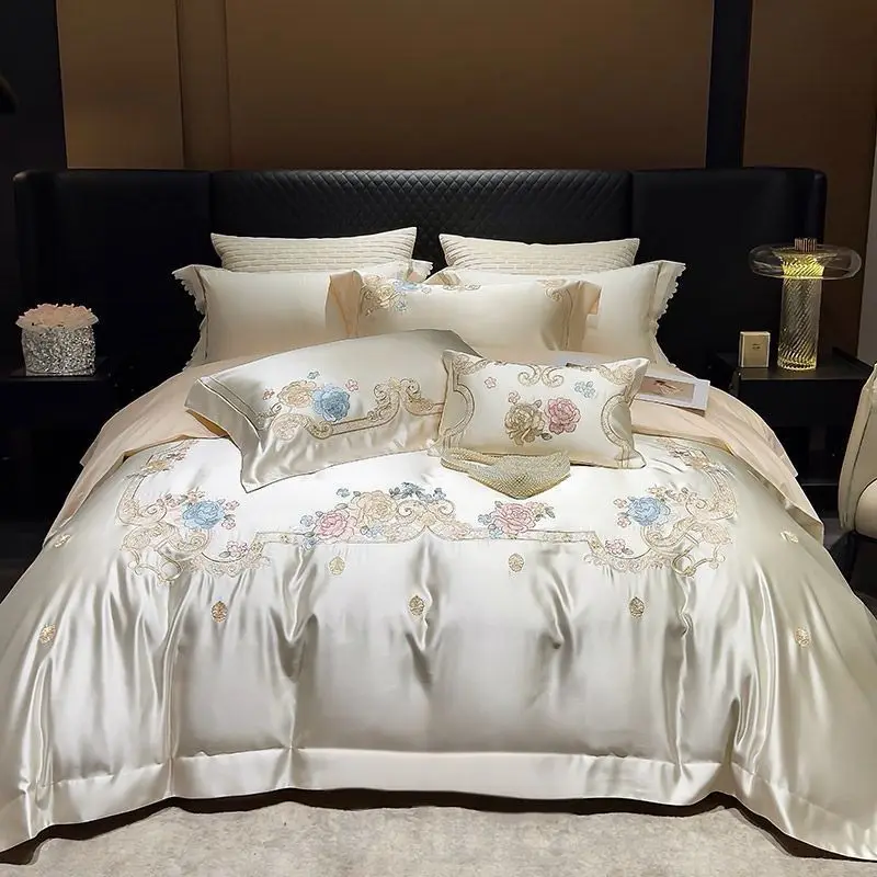 4Pcs Gorgeous Brocade Egyptian Cotton Flowers Embroidery Bedding Set Cream/Champagne Patchwork Duvet Cover Bed Sheet Pillowcases