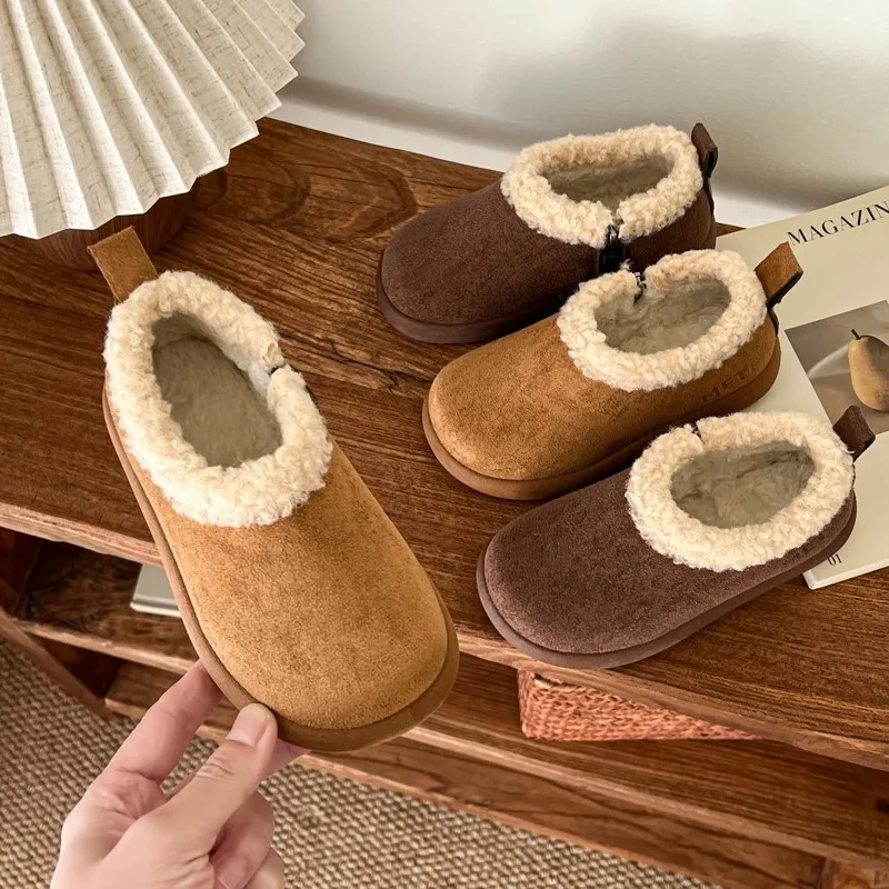 Children's Brown Suede Ankle Snow Boots Fleece-Lined Side Zipper Warm Winter Non-slip Indoor/Outdoor Footwear for Children
