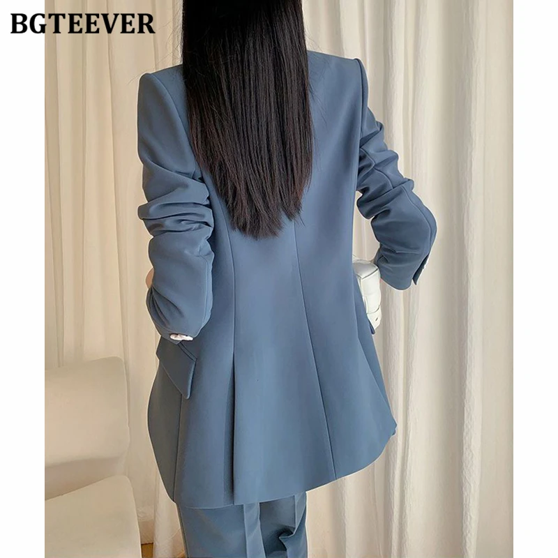 BGTEEVER 세련된 루즈핏 여성 바지 정장 긴 소매 싱글 버튼 블레이저 & 플레어 정장 바지 여성 2피스 세트