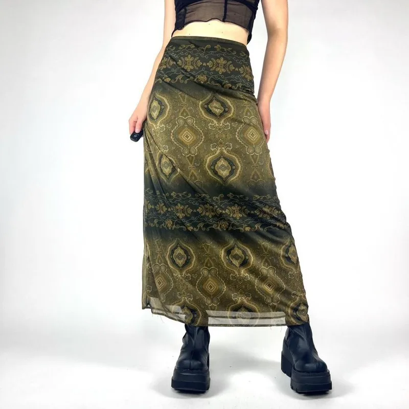 

Oshfall European and American hot girls 2024 summer new fashion print slim hip high waist slim mesh skirt