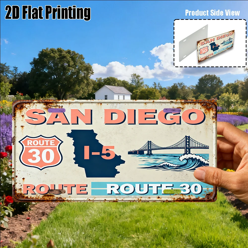 2D Flat, San Diego-Themed Vintage Metal License Plate & Wall Art Sign Heavy-Duty Aluminum Retro California License Plate Frame view 5