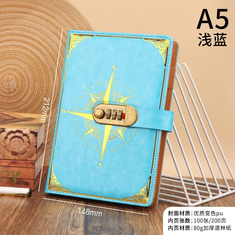 A5 Mit Schloss Tagebuch Notebook Kompass Hand Ledger Student Notizblock Schreibwaren Retro Passwort Buch – Detail 8