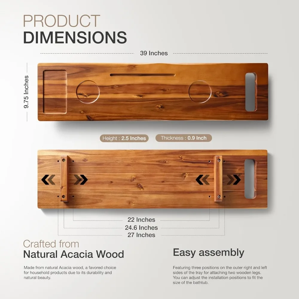 Large Acacia Wood Bathtub Tray with Phone & Wine Glass Holder | Anti-Tipping Spa Bath Table for Relaxation