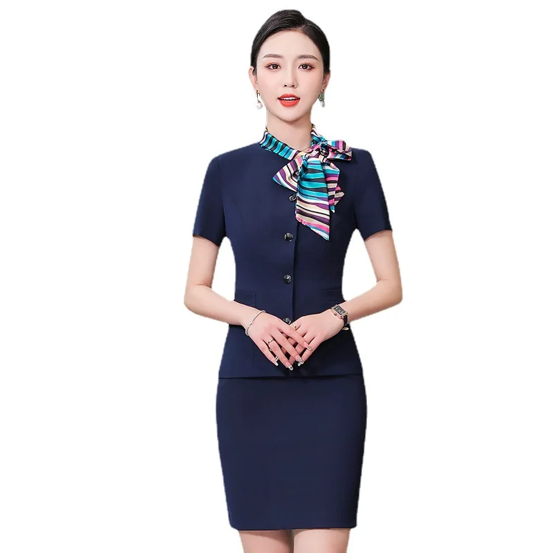 Tuta uniforme hostess assistente di volo femminile estate manica corta ristorante cameriere Hotel Front Stage abbigliamento da lavoro tuta S