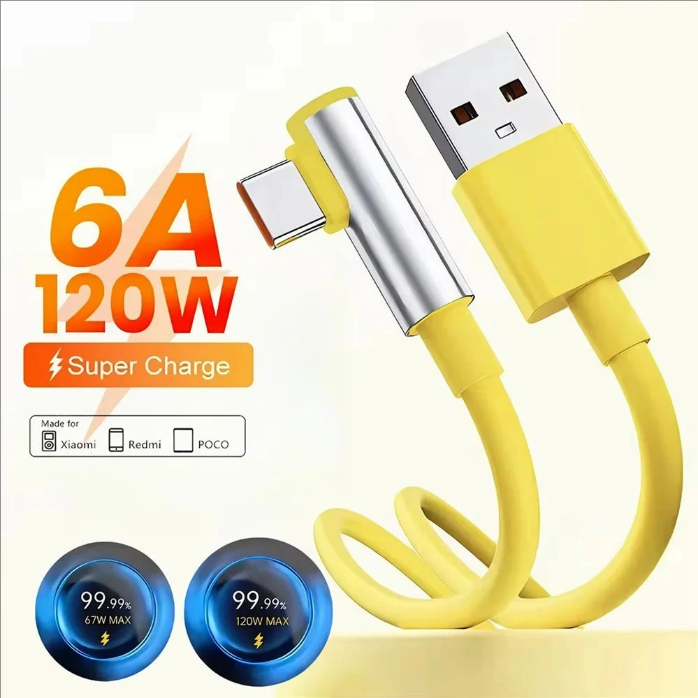 Cabo Tipo C de 120W com Conector em Ângulo de 90 Graus para Xiaomi 12 13 14 15 17 Redmi Note 13 14 15 POCO F7 F8 X5 X6 X7 Pro Cabo USB de Carregamento Rápido