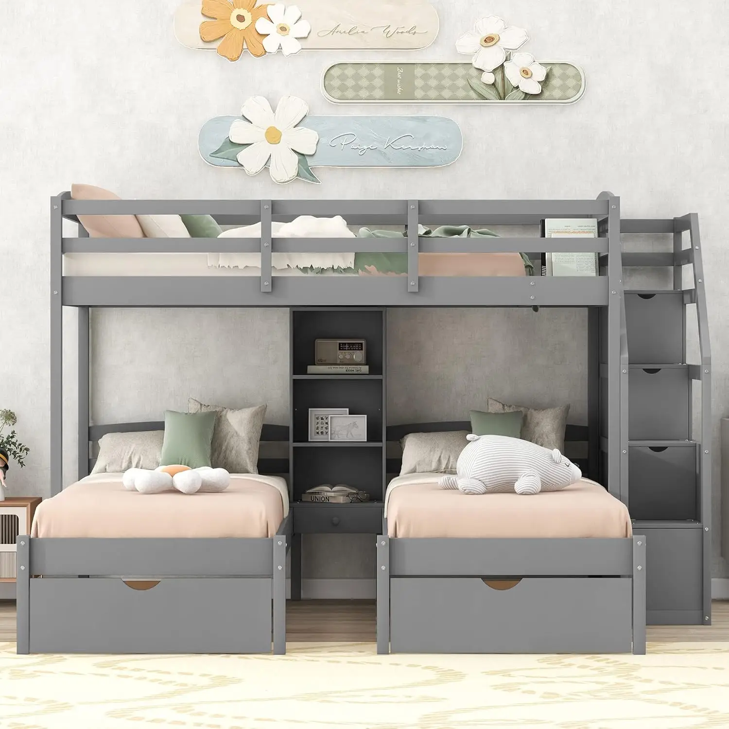 Harper & Bright Designs Woodentriple stapelbedden met trappen en opbergladen, Twin Over Twin stapelbed voor 3 kinderen, 3 stapelbedden