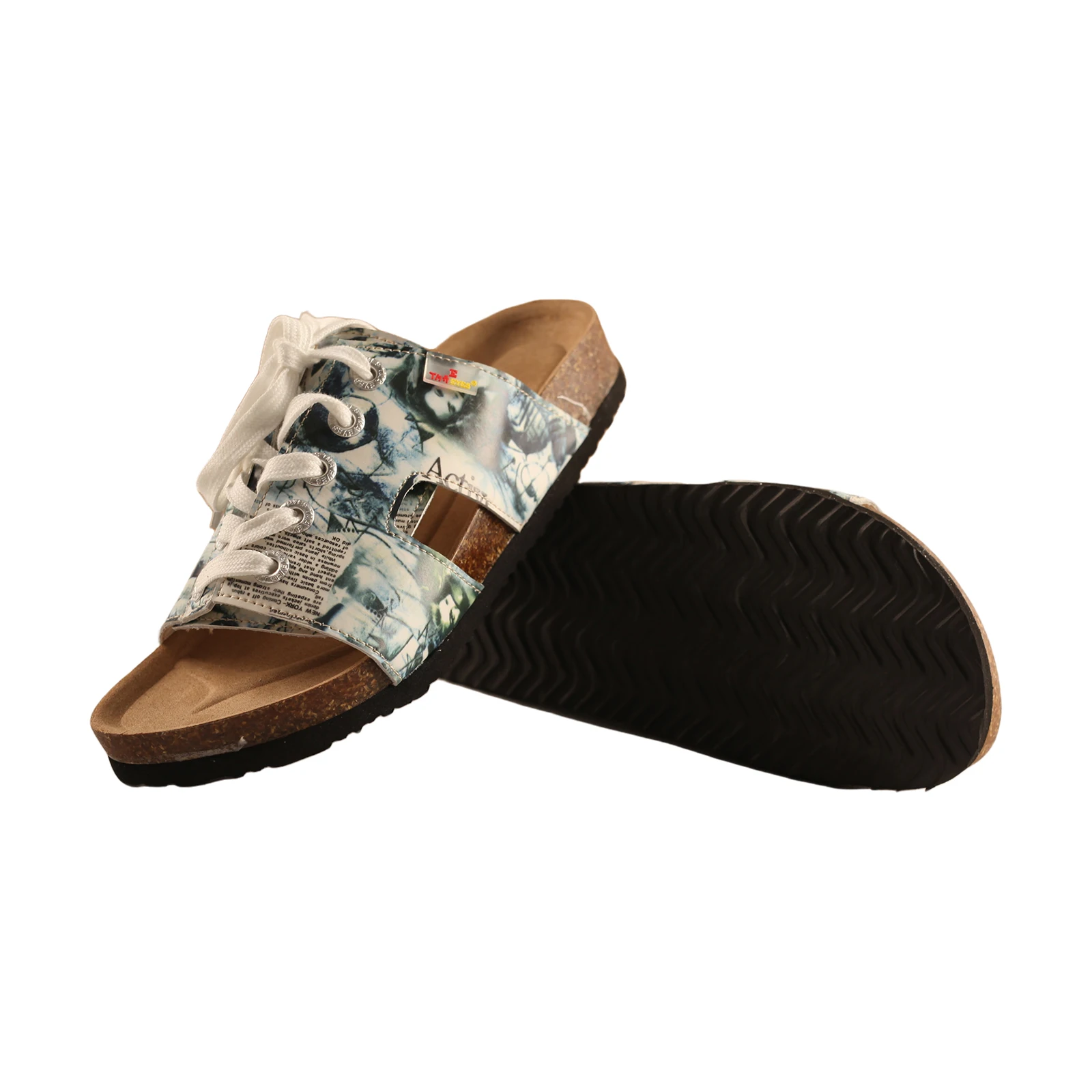 TMA EYES Damen Kunstvolle Schnür-Sandalen mit breiter Passform, Korksohlen, Zeitungsmuster, Lässige Slip-On Sommerschuhe – Detail 2