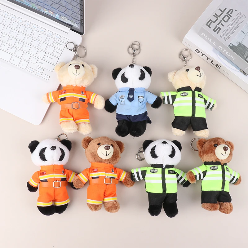 Traffic Police Small Bear Panda Plush Toys Keychain Police Firemen Animals Keyring Pendant Car Backpack Charms Bag Decor Gifts