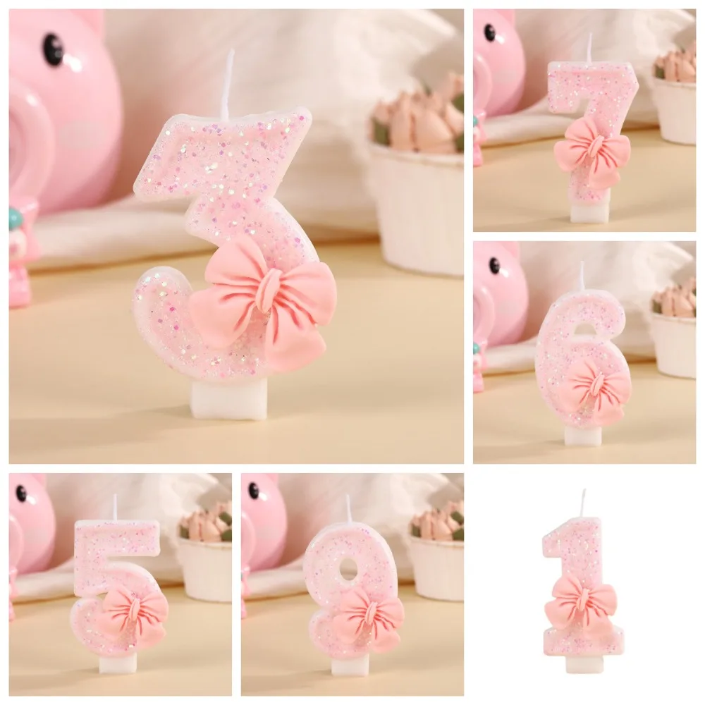 Niedliche Rosa Schleife Prinzessin Nummer 0-9 Kinder Geburtstagskerzen für Kuchendekoration Atmosphäre Gestaltung Geburtstagstortenkerzen Dekorationen