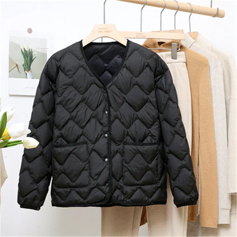 2022 Autumn Winter V Neck Lightweight White Duck Down Jacket Parka Women Casual Loose Bigsize Down Coat Female Short Outwears