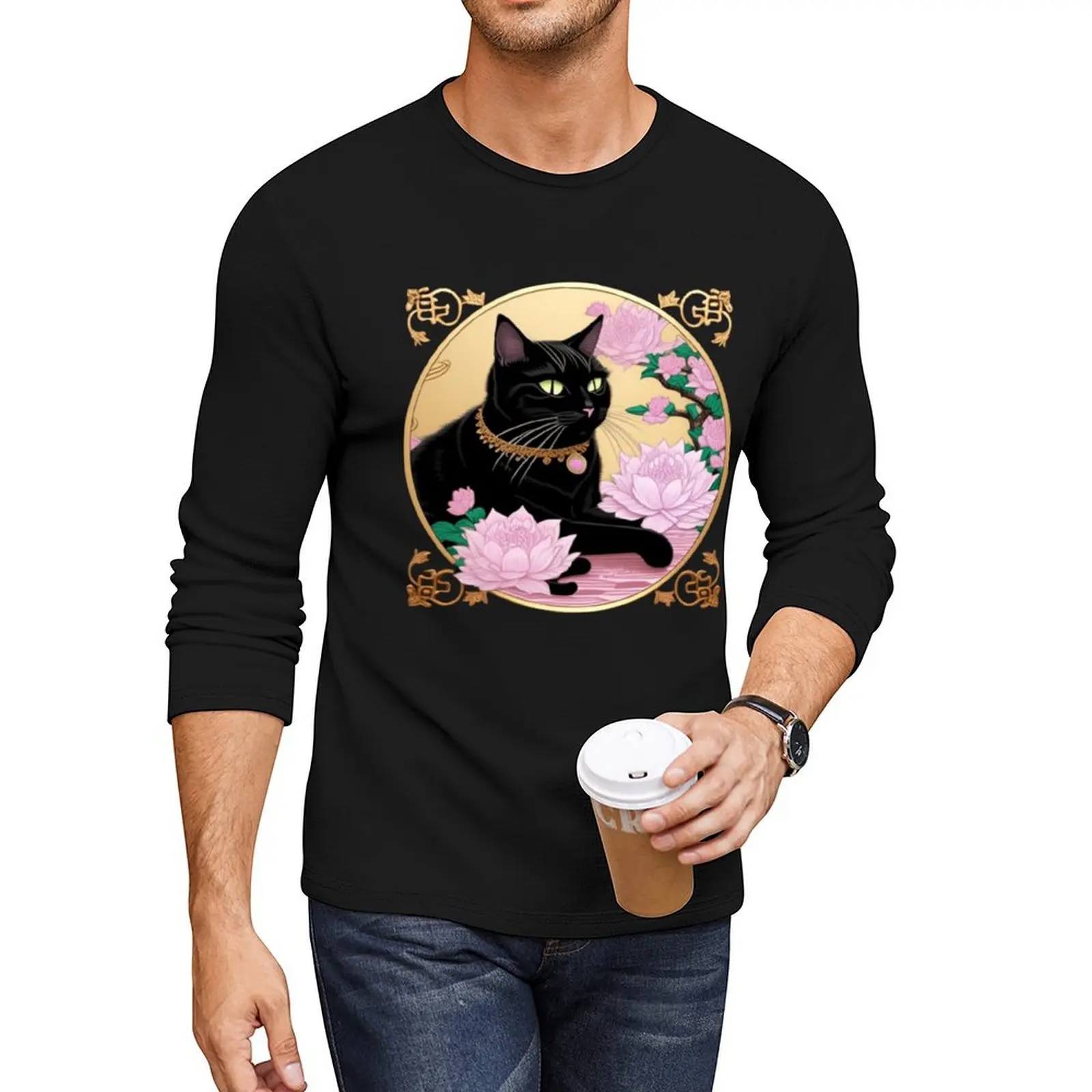 Elegant black cat and purple lotus flowers Long T-Shirt funny t shirt animal print shirt for boys mens graphic t-shirts funny