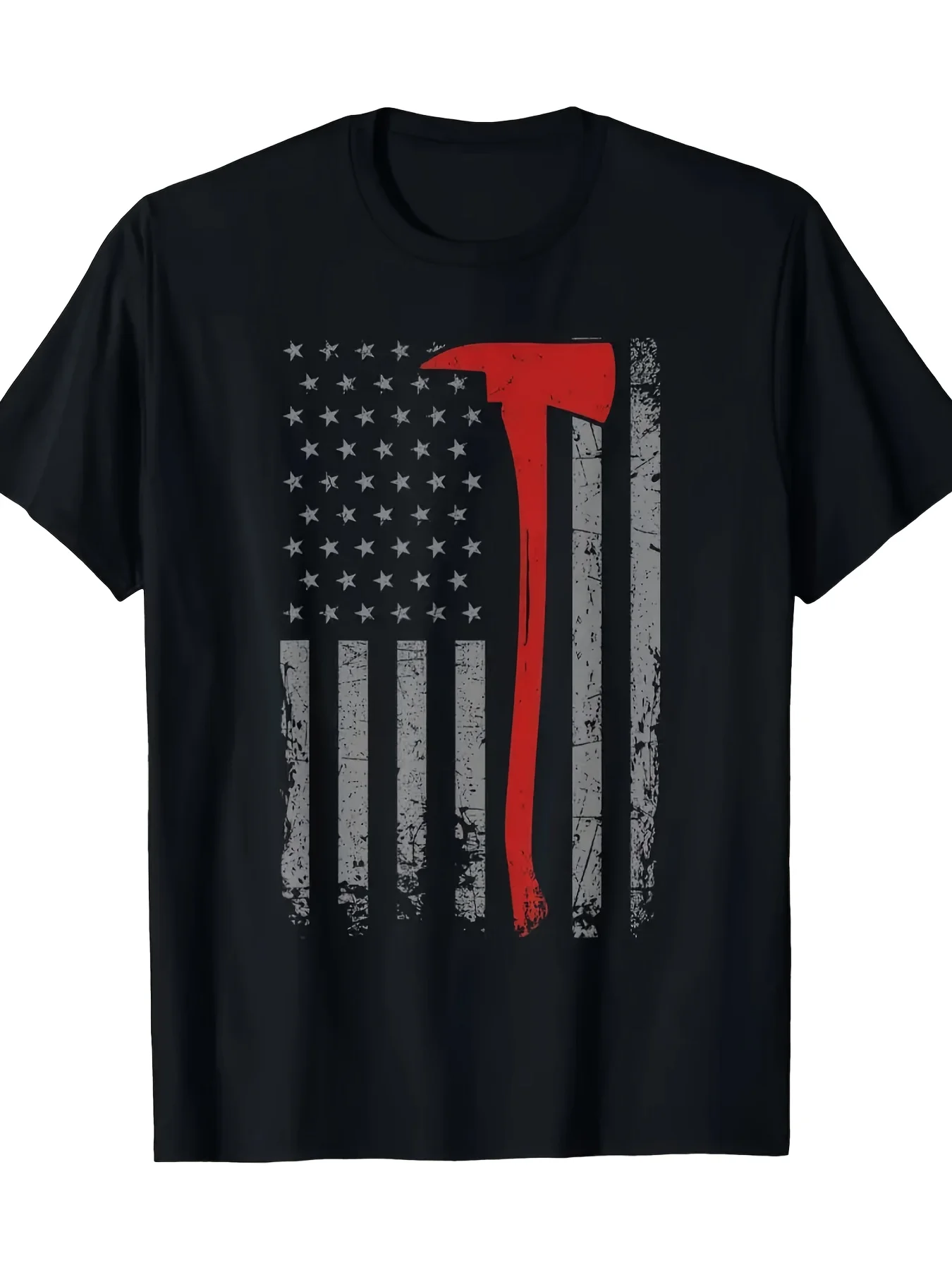 

Men's Thin Red Line Firefighter Axe American Flag T-Shirt - Black Cotton Crewneck Short Sleeve Soft & Comfortable All-Season Casual