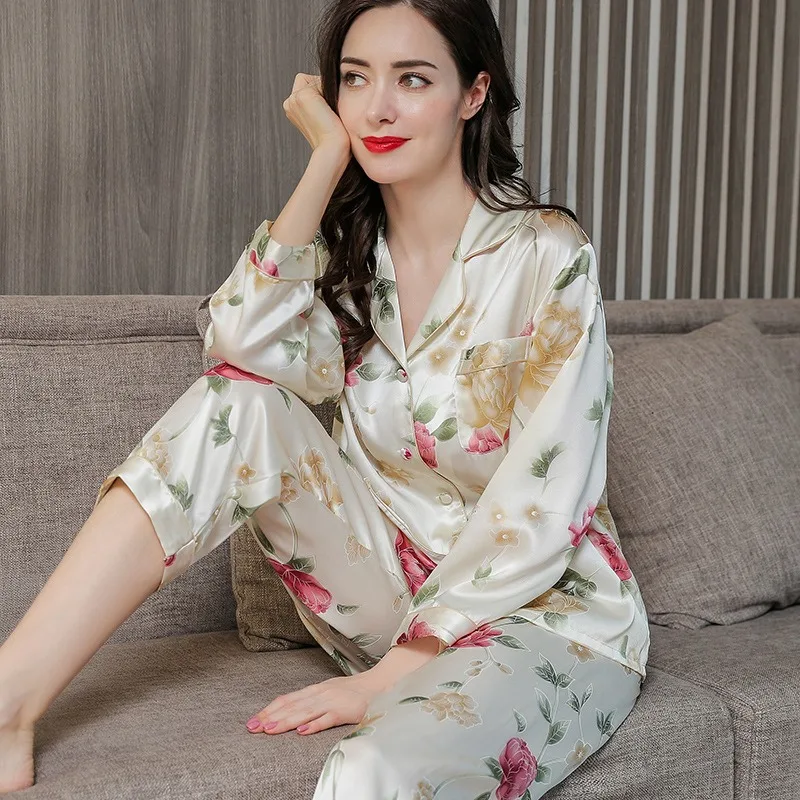 

Plus Size 100% Mulberry Silk Pajama Set Women Long Sleeve Pants Spring Autumn Two Piece Sleepwear Floral Over Size Casual XXL