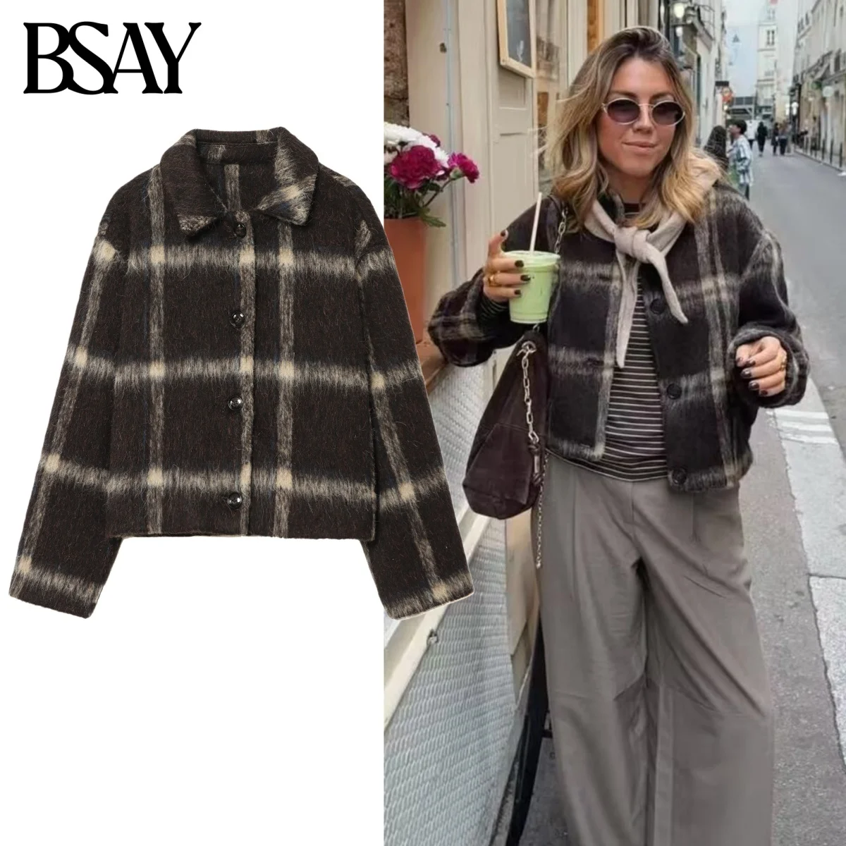 

BSAY Plaid Jacket for Women Fashion Autumn Winter New Casual Long Sleeved Single Breasted Lapel Short Coats Chic Ladies Tops