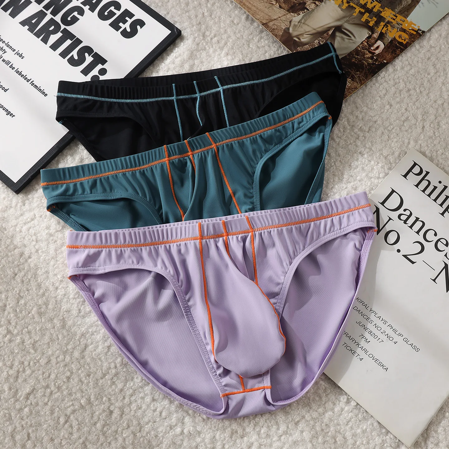 Men Low Rise Bikini Briefs, Japanese Style Contrast Stitching, U Pouch Large Contour Pocket Sexy Male Underwear