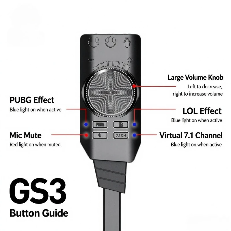 Virtual 7.1 Surround USB External Gaming Sound Card Audio Adapter Headset‑Mic Sound Card for Laptop PC Desktop Game Live Stream