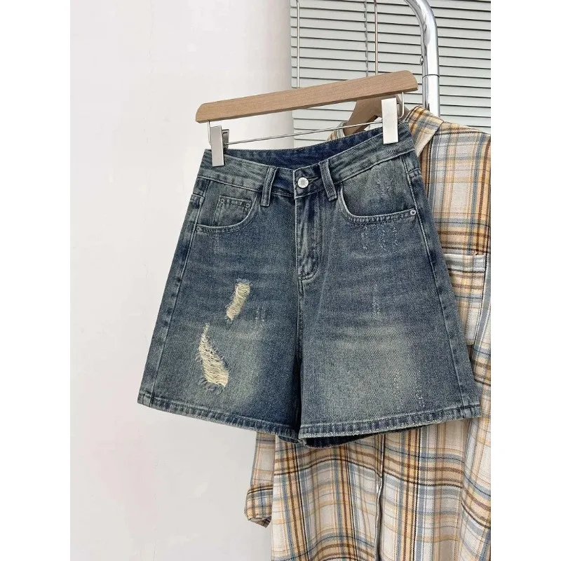 

Plus Size Women's High Waist Distressed Denim Shorts Retro A Line Wide Leg Summer Hot Pants
