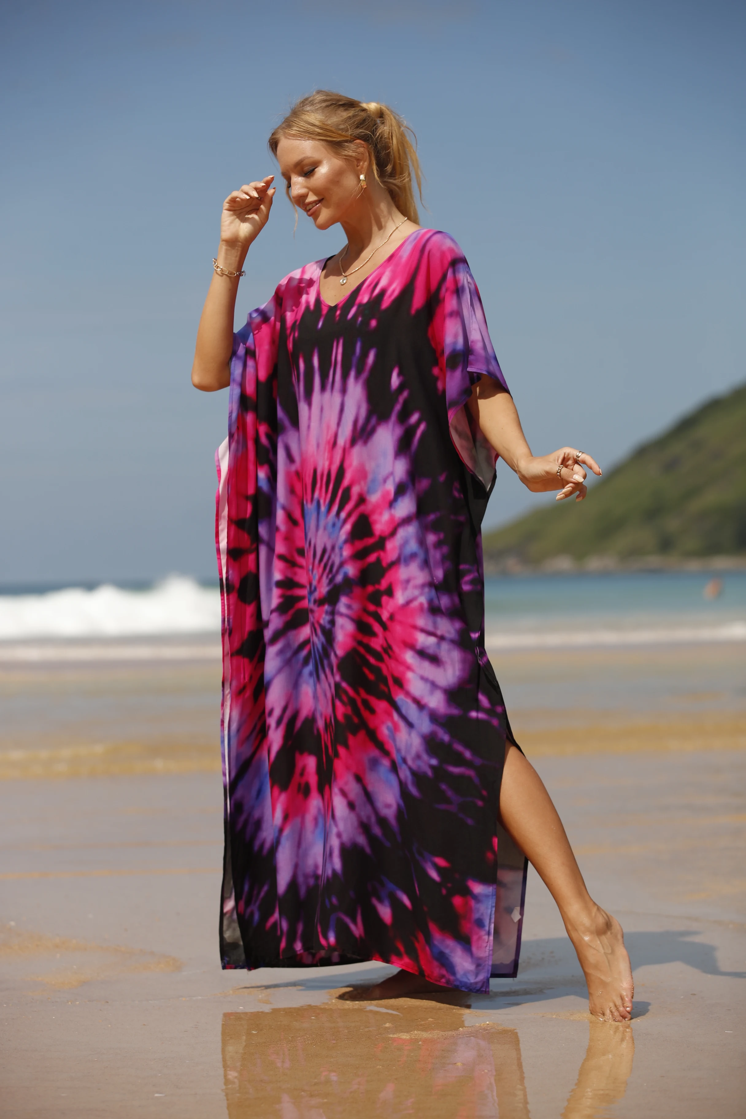 Tie Dye Print V Neck Side Split Kaftan Dresses for Women, Oversized Flowy Caftans for Women Plus Size Casual Moo Moos for Women,