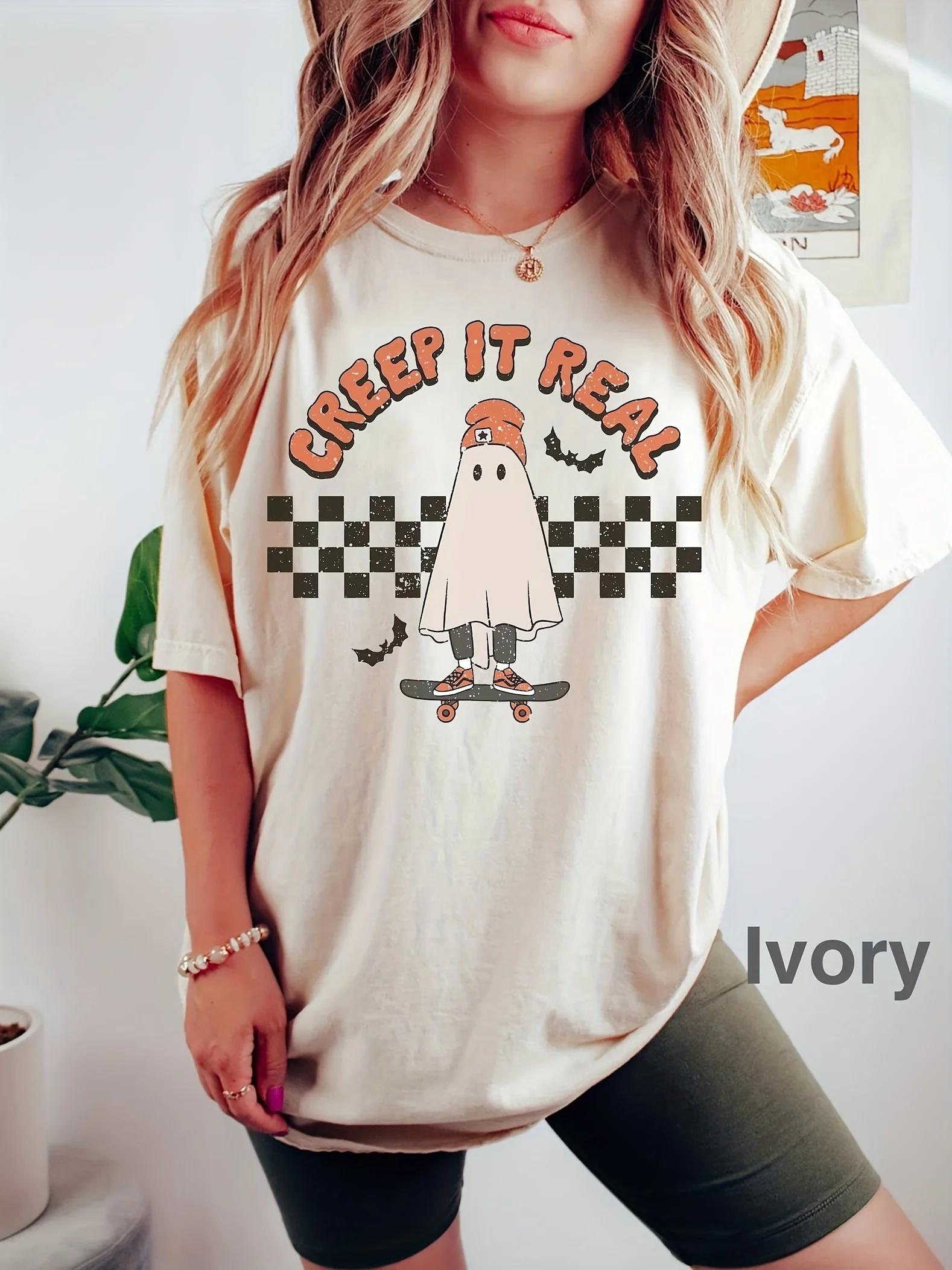 Halloween Ghost Print T-shirt for Women - Casual Short Sleeve Crew Neck Tee for Spring & Summer