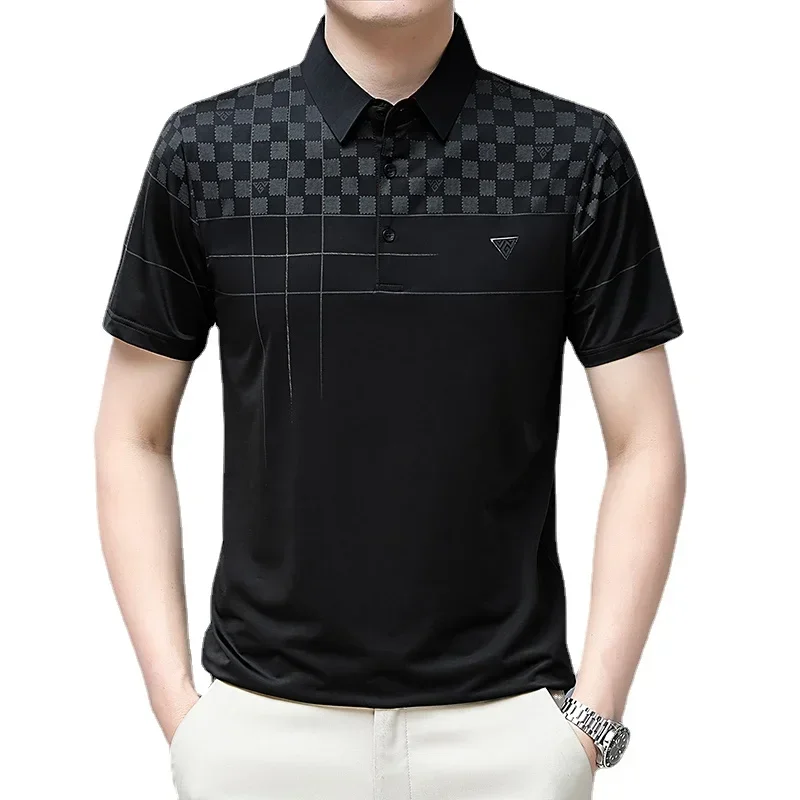 Brownon marca camiseta roupas masculinas verão manga curta xadrez impressão camiseta masculina fina respirável turn-down colarinho de negócios topos