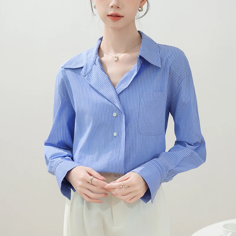 

Women Spring Autumn Blouses Shirts Lady Fashion Casual Long Sleeve Turn-down Blue Stripes Blusas Tops