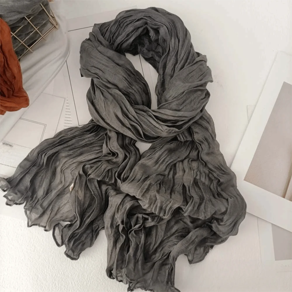 Trendy Vintage Cotton Linen Scarf Retro Luxury Brand Designer Pleated Printed Scarf Long Shawl Wrap For Spring Autumn Winter