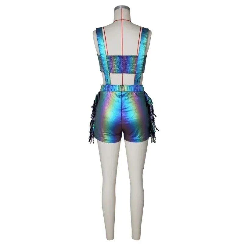 Metallic Vergoldung 2 Stück Set Frauen sexy träger lose Crop Tops Seite Quaste Taschen Hosenträger Shorts Mode Streetwear Freizeit anzüge