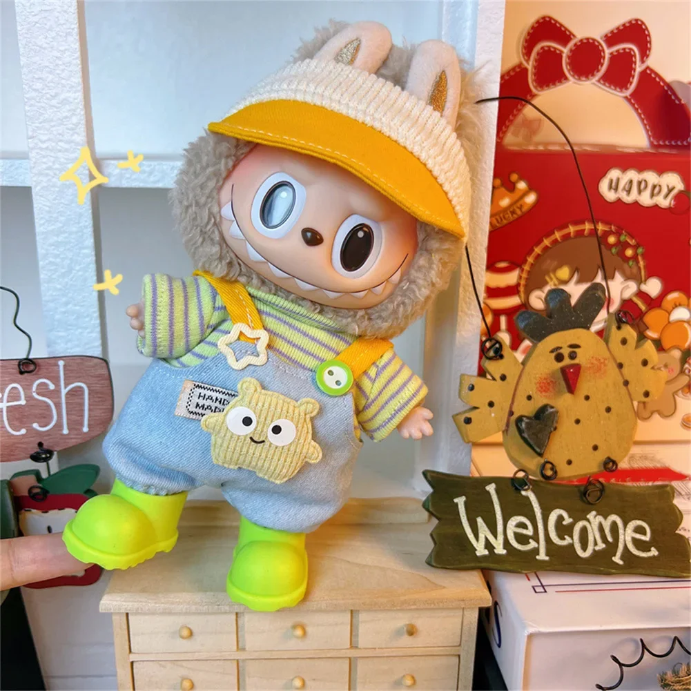 

Mini Doll'S Clothes For Korea Kpop Exo 15-17cm Labubu Idol V1 V2 Striped overalls hat set shoes bag accessories