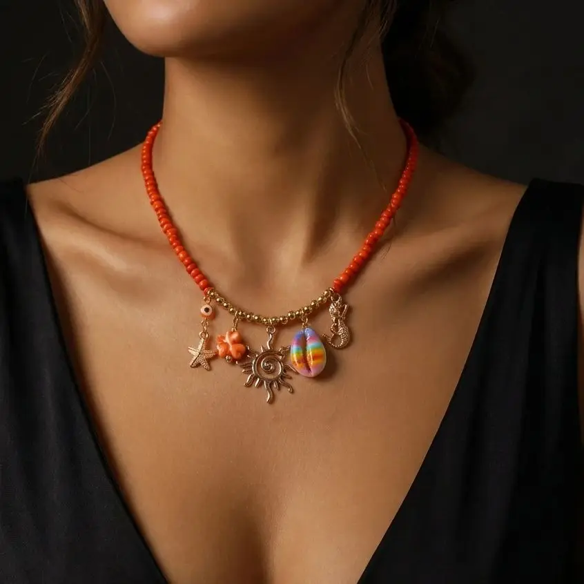 Bohemian Handmade Rice Beads Chain Necklace for Women Red Coral Starfish Shell Pendant Necklace Vacation Party Jewelry Gifts