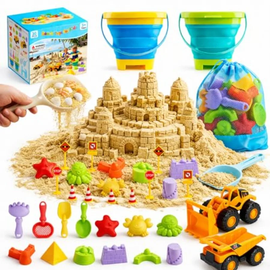 30PCS Beach Toys for Ages 3-10, All-in-One Sand Toy Set with 2 Collapsible Buckets, Mesh Bag for Easy Packing, Trucks, Sea Anim